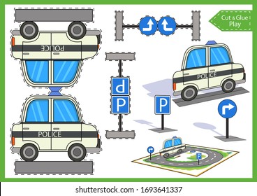Cut and glue the paper a police car. Worksheet with education game. Children art game. Kids crafts activity page. Create toy yourself. Vehicle birthday decor. Vector illustration.