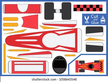 Cut and glue the paper racing car. Children funny riddle entertainment and amusement. Kids art game and activities jigsaw. Create toys the car yourself. Birthday decor. Vector illustration.