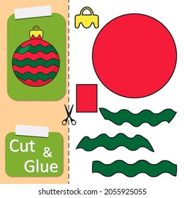 Corta y pega el papel rojo de la pelota de Año Nuevo. Cree la aplicación del juguete de la viñeta navideña. diseño navideño de vacaciones de invierno para tarjetas de felicitación, decoración. Juego de lógica infantil, actividades jigsaw.