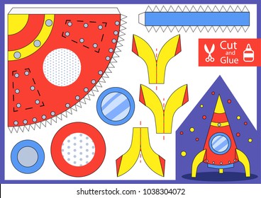 Cut and glue the paper rocket. Children funny riddle entertainment and amusement. Kids art game and activities jigsaw. Create toys the bulk spaceship yourself. Vector illustration.