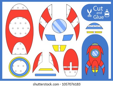 Cut and glue the paper rocket. Children funny riddle entertainment and amusement. Kids art game and activity page. Create toys spaceship yourself. Vector illustration.