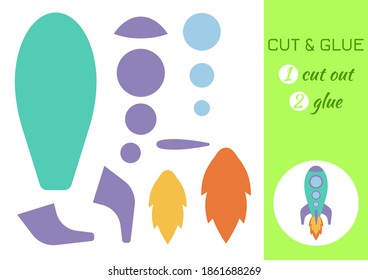 Cut and glue paper rocket. Color paper cutting application game. Educational game for preschool children. DIY activity worksheet. Kids art game and activities jigsaw. Vector stock illustration.