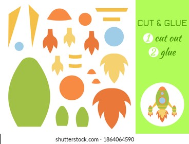 Cut and glue paper rocket. Color paper cutting application game. Educational game for preschool children. DIY activity worksheet. Kids art game and activities jigsaw. Vector stock illustration.