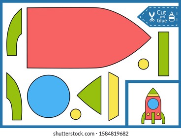 Cut and glue the paper a spacecraft. Paper applique. Worksheet with funny education riddle. Children art game. Kids crafts activity page. Diy applique a spaceship. Vector illustration.