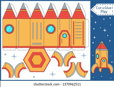 Cut and glue the paper a spaceship. Crafts activity page. Worksheet with funny education riddle. Children art game. Create toys yourself. 3d gaming puzzle. Birthday decor. Vector illustration.