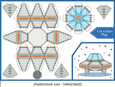 Cut and glue the paper a spaceship UFO. Crafts activity page. Worksheet with funny education riddle. Children art game. Create toys spaceship. 3d gaming puzzle. Birthday decor. Vector illustration.