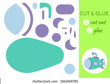 Cut and glue paper submarine. Color paper cutting application game. Educational game for preschool children. DIY activity worksheet. Kids art game and activities jigsaw. Vector stock illustration.