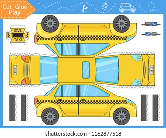 Cut and glue the paper a taxi car. Worksheet with funny education riddle. Children art game. Kids crafts activity page. Create toys yourself. Birthday decor. Vector illustration.