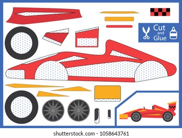 Cut and glue the paper tow racing car. Children funny riddle entertainment and amusement. Kids art game and activities jigsaw. Create toys the car yourself. Birthday decor. Vector illustration.