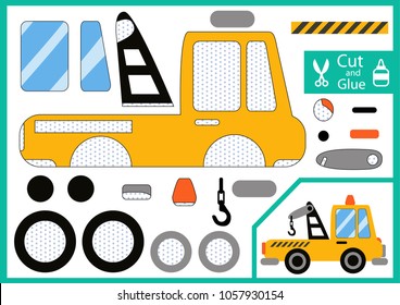 Cut and glue the paper tow track car. Children funny riddle entertainment and amusement. Kids art game and activities jigsaw. Create toys the car yourself. Birthday decor. Vector illustration.