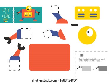 Cut and glue paper toy. Preschool kids vector educational worksheet. Diy model with funny robot character