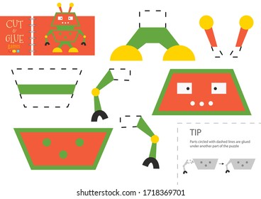 Cut and glue paper toy. Preschool kids vector educational worksheet. Diy model with funny robot character