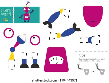 Cut and glue paper toy. Preschool kids vector educational worksheet. Diy model with funny robot character