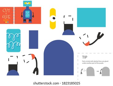 Cut and glue paper toy. Preschool kids vector educational worksheet. Diy model with funny robot character