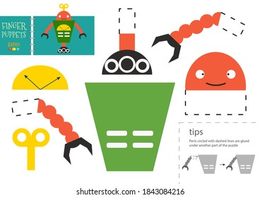 Cut and glue paper toy. Preschool kids vector educational worksheet. Diy model with cute robot character