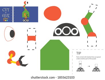 Cut and glue paper toy. Preschool kids vector educational worksheet. Diy model with funny robot character