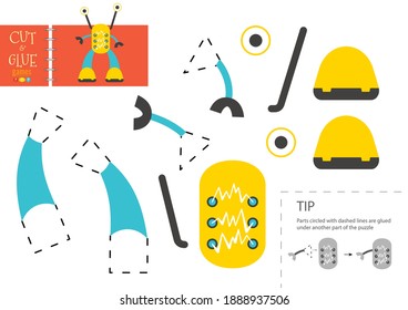 Cut and glue paper toy. Preschool kids vector educational worksheet. Diy model with funny robot character