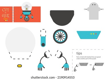 Cut and glue paper toy. Preschool kids vector educational worksheet. Diy model with funny robot character