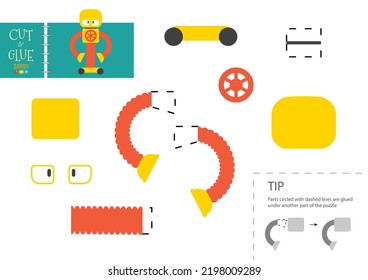 Cut and glue paper toy. Preschool kids vector educational worksheet. Diy model with funny robot character
