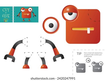 Cut and glue paper toy. Preschool kids vector educational worksheet. Diy model with funny robot character