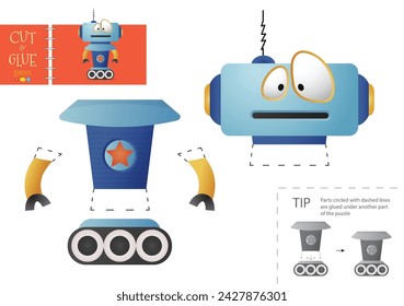 Cut and glue paper toy. Preschool kids vector educational worksheet. Diy model with funny robot character