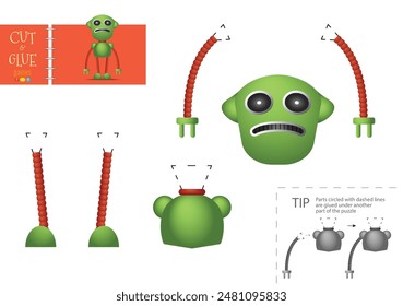 Corte y pegue el juguete de papel. Hoja de trabajo educativa de Vector de niños preescolares. Modelo de bricolaje con personaje robot divertido