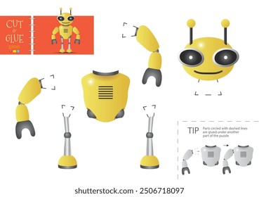 Cortar y pegar el juguete de papel. Hoja de trabajo educativa de Vector para niños preescolares. Modelo de bricolaje con personaje de robot divertido