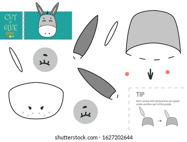 Cut and glue paper toy. Vector illustration, worksheet with cartoon donkey character cut into pieaces