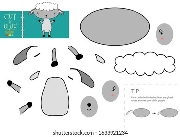 Cut and glue paper toy. Vector sheep character for educational activity for little kids