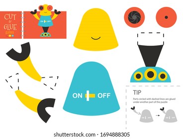 Cut and glue paper toy. Vector illustration, worksheet with cartoon robot character cut into pieces