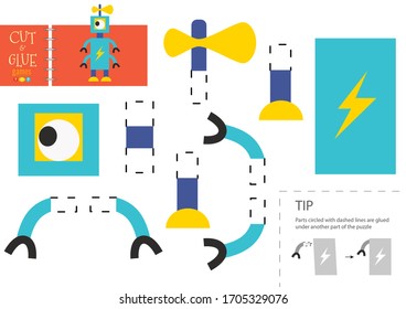 Cut and glue paper toy vector illustration. Robot character scissors cutting model for preschool kids. Simple educational activity