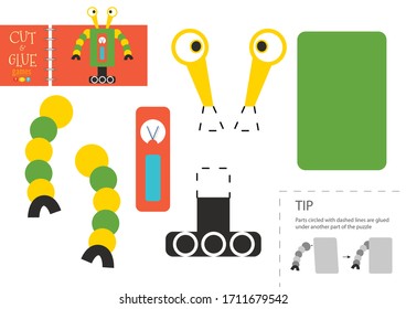 Cut and glue paper toy vector illustration. Robot character scissors cutting model for preschool kids. Simple educational activity