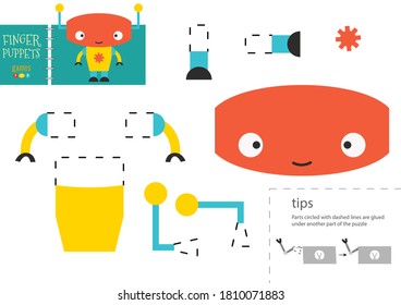 Cut and glue paper toy vector illustration. Robot character scissors cutting model for preschool kids. Simple educational activity