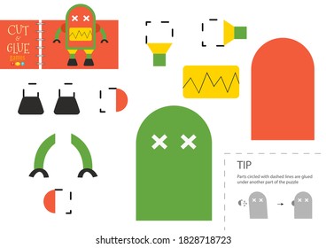 Cut and glue paper toy. Vector illustration, worksheet with cartoon robot character cut into pieces