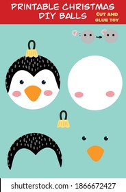 Cut and glue paper toy vector illustration penguin tree balls. Cute penguin character scissors cutting model for preschool kids. Simple educational activity