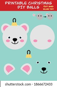 Cut and glue paper toy vector illustration Bear tree balls. Cute bear character scissors cutting model for preschool kids. Simple educational activity