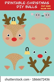 Cut and glue paper toy vector illustration Christmas tree balls. Cute deer character scissors cutting model for preschool kids. Simple educational activity