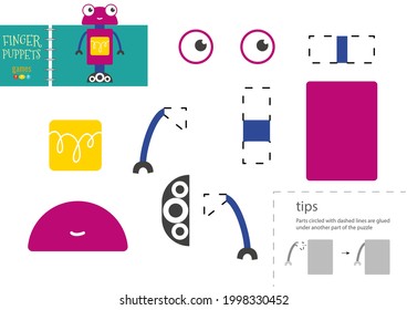 Ilustración vectorial de juguete de papel de corte y pegamento. Modelo de corte de tijeras de personaje robot para niños preescolares. Actividad educativa simple