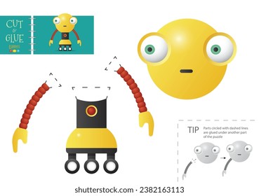 Cut and glue paper toy vector illustration. Robot character scissors cutting model for preschool kids. Simple educational activity