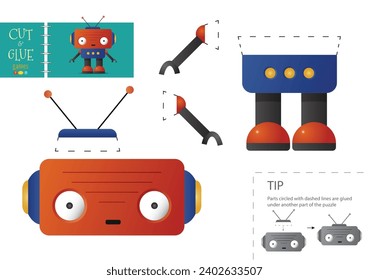 Cut and glue paper toy vector illustration. Robot character scissors cutting model for preschool kids. Simple educational activity