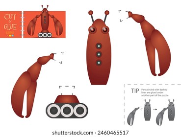 Cut and glue paper toy vector illustration. Robot character scissors cutting model for preschool kids. Simple educational activity