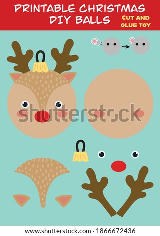 Cut and glue paper toy vector illustration Christmas tree balls. Cute deer character scissors cutting model for preschool kids. Simple educational activity