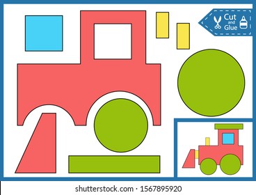 Cut and glue the paper a tractor. Paper applique. Worksheet with funny education riddle. Children art game. Kids crafts activity page. Create toy. Farm birthday decor. Vector illustration.