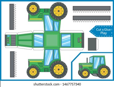 Cut and glue the paper a tractor. Crafts activity page. Worksheet with funny education riddle. Children art game. Create toys. 3d gaming puzzle. Farm tractor birthday decor. Vector illustration.