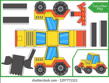 Cut and glue the paper a tractor. Worksheet with funny education riddle. Children art game. Kids crafts activity page. Create toys car yourself. Birthday decor. Vector illustration.