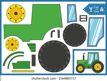 Cut and glue the paper a tractor. Worksheet with funny education riddle. Children art game. Kids crafts activity page. Create toy yourself. Farm birthday decor. Vector illustration.
