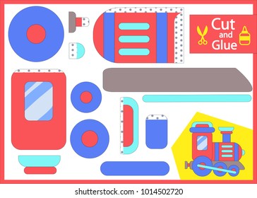 Cut and glue the paper Train. Children funny riddle entertainment and amusement. Kids art game and activities jigsaw. Create toys yourself. Vector illustration.