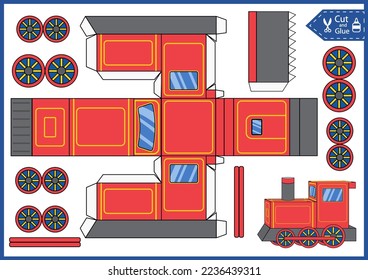 Corta y pega un tren de papel. Página de actividad de naves. Hoja de trabajo secundaria. Crear juguete de modelo 3d. Juego de arte infantil vectorial imprimible.