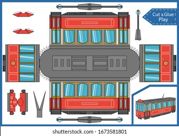 Schneide das Papier und klebe eine Straßenbahn. Handwerksaktivitätsseite. Arbeitsblatt mit lustiger Bildung Rätsel. Kinderspiel. Erstellen Sie Spielzeug. 3D-Gaming-Rätsel. Retro Tram Geburtstag Dekor. Vektorillustration.