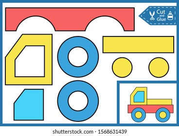 Cut and glue paper truck. Paper applique. Worksheet with funny education riddle. Children art game. Kids crafts activity page. Create toy. Truck birthday decor. Vector illustration.